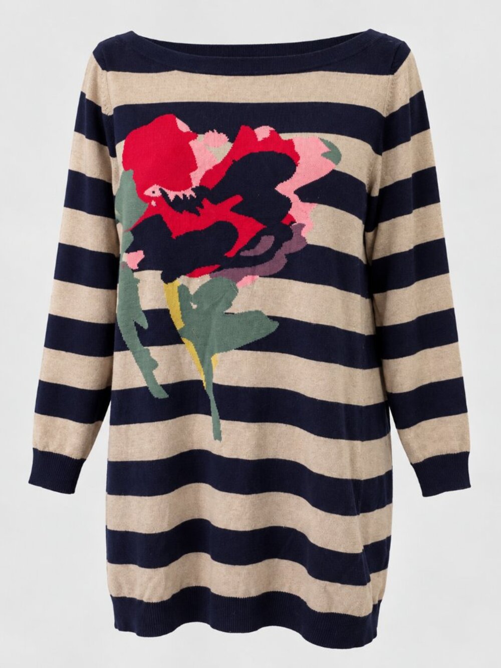 DKNY Woman's Size L Sweater Black & Tan Stripes Embellished Floral 3/4 Sleeve